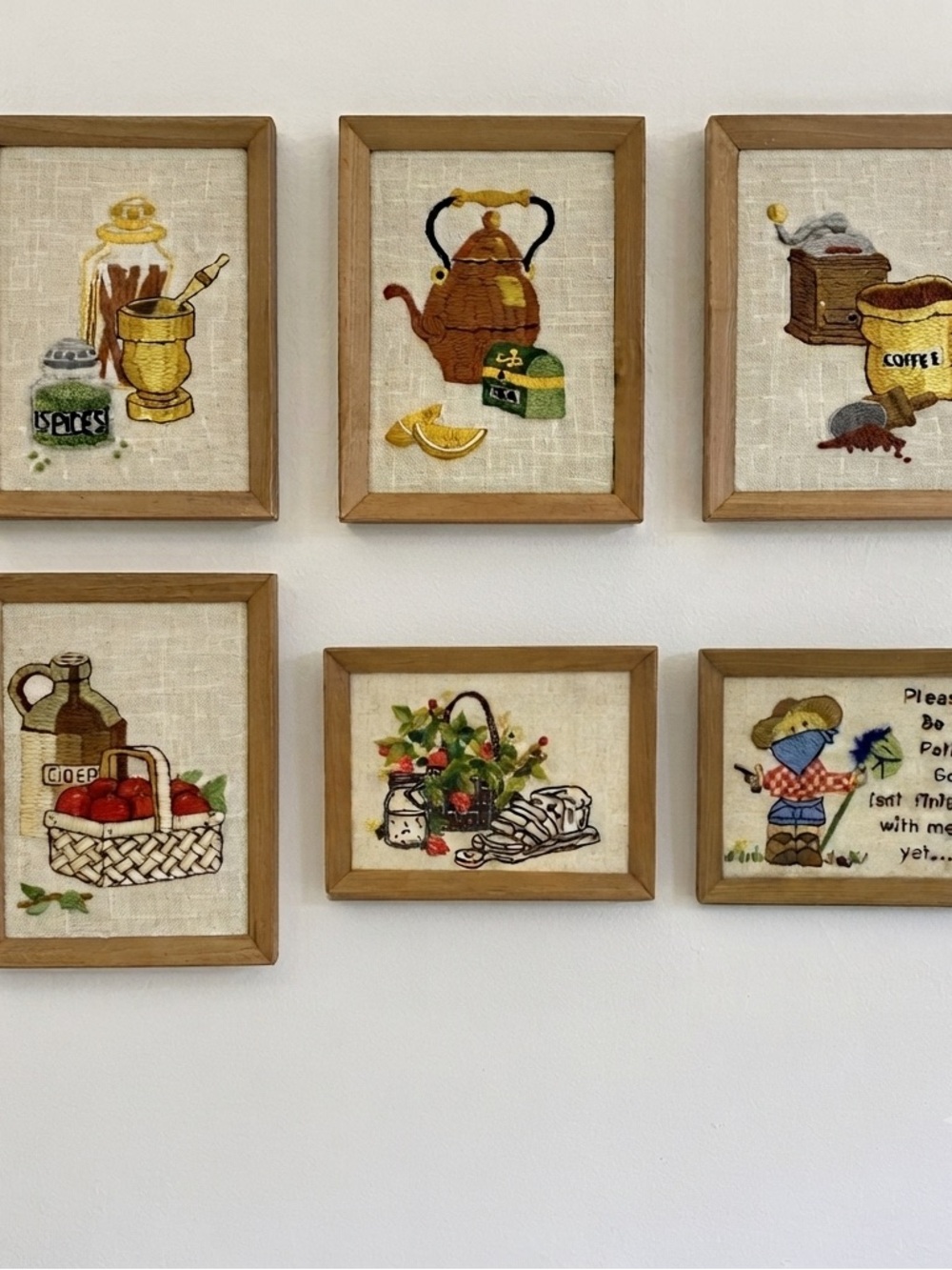 Vintage Embroidered Framed Wall Art Set Kitchen Country 6 Pcs